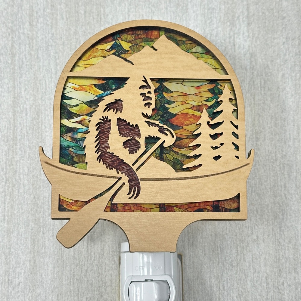 Bigfoot Sasquatch Canoe Wood Night Light Stained Glass Style Cabin Decor Plug-In - Picture 3 of 8